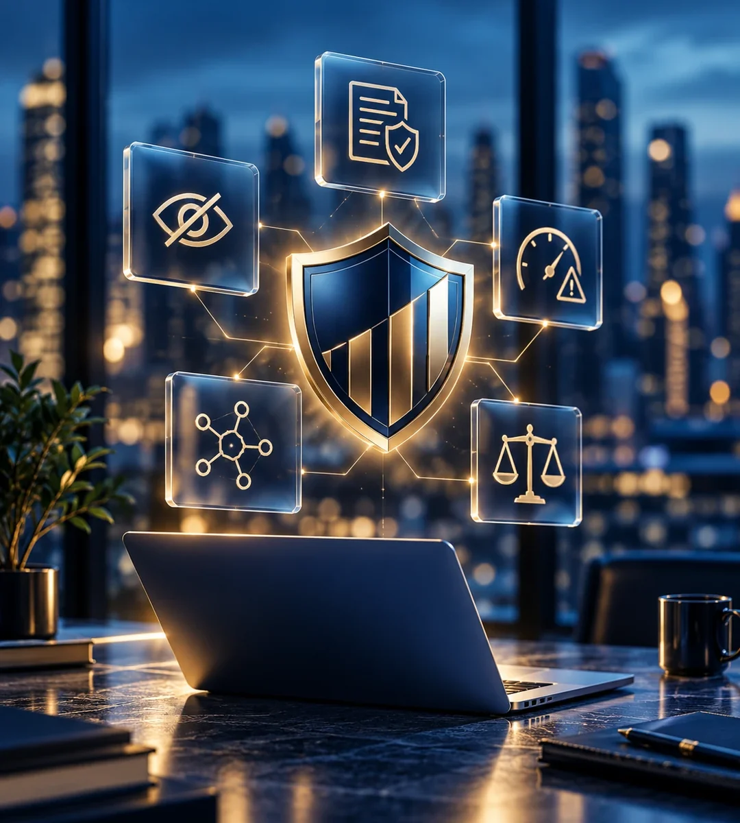 A laptop on an executive desk at night beneath a glowing navy and gold shield, linked to floating glass panels showing a hidden eye, a policy document, a risk gauge, a connected network and balance scales