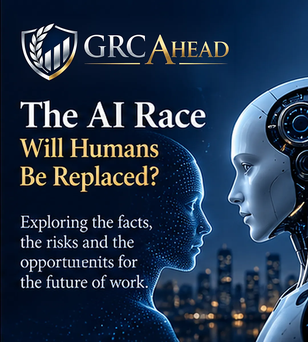 GRC Ahead cover for The AI Race: Will Humans Be Replaced?, showing a human profile facing a humanoid robot