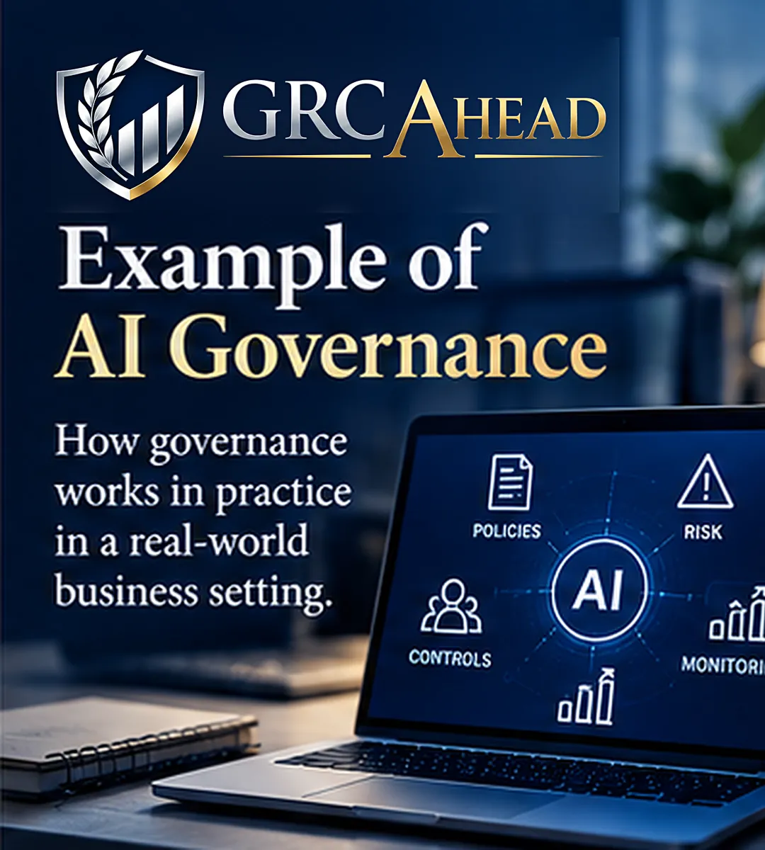 GRC Ahead cover for Example of AI Governance, showing a laptop dashboard with policies, risk, controls and monitoring