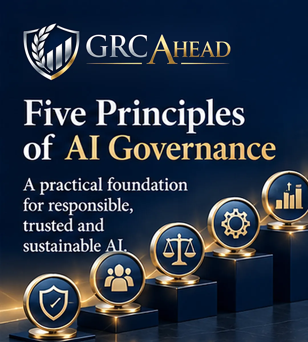 GRC Ahead cover for Five Principles of AI Governance, showing five gold principle icons on rising steps